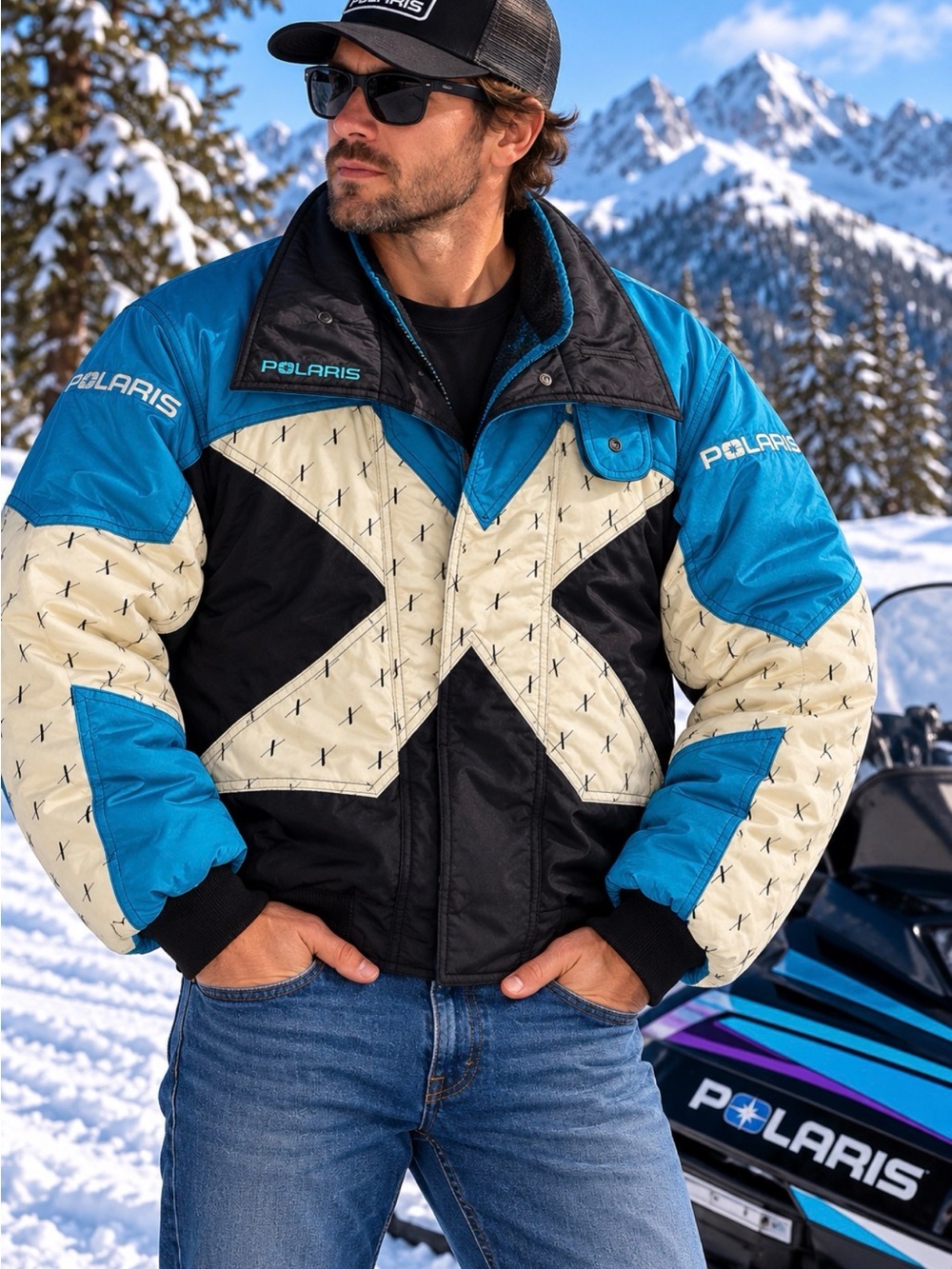 Vintage Polaris Men’s Large Snowmobile Jacket Teal Black White Nylon USA - Picture 2 of 15